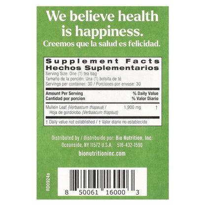 Bio Nutrition, Mullein Leaf Tea, Caffeine Free, 30 Tea Bags, 2.01 oz (57 g)