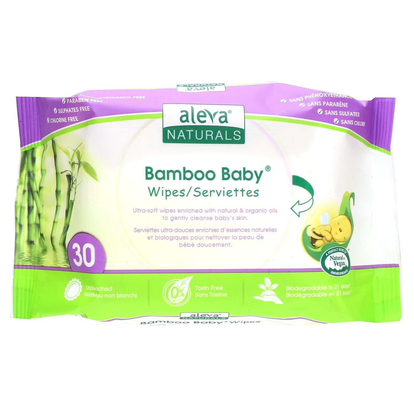 Aleva Naturals, Bamboo Baby Wipes, 30 Wipes