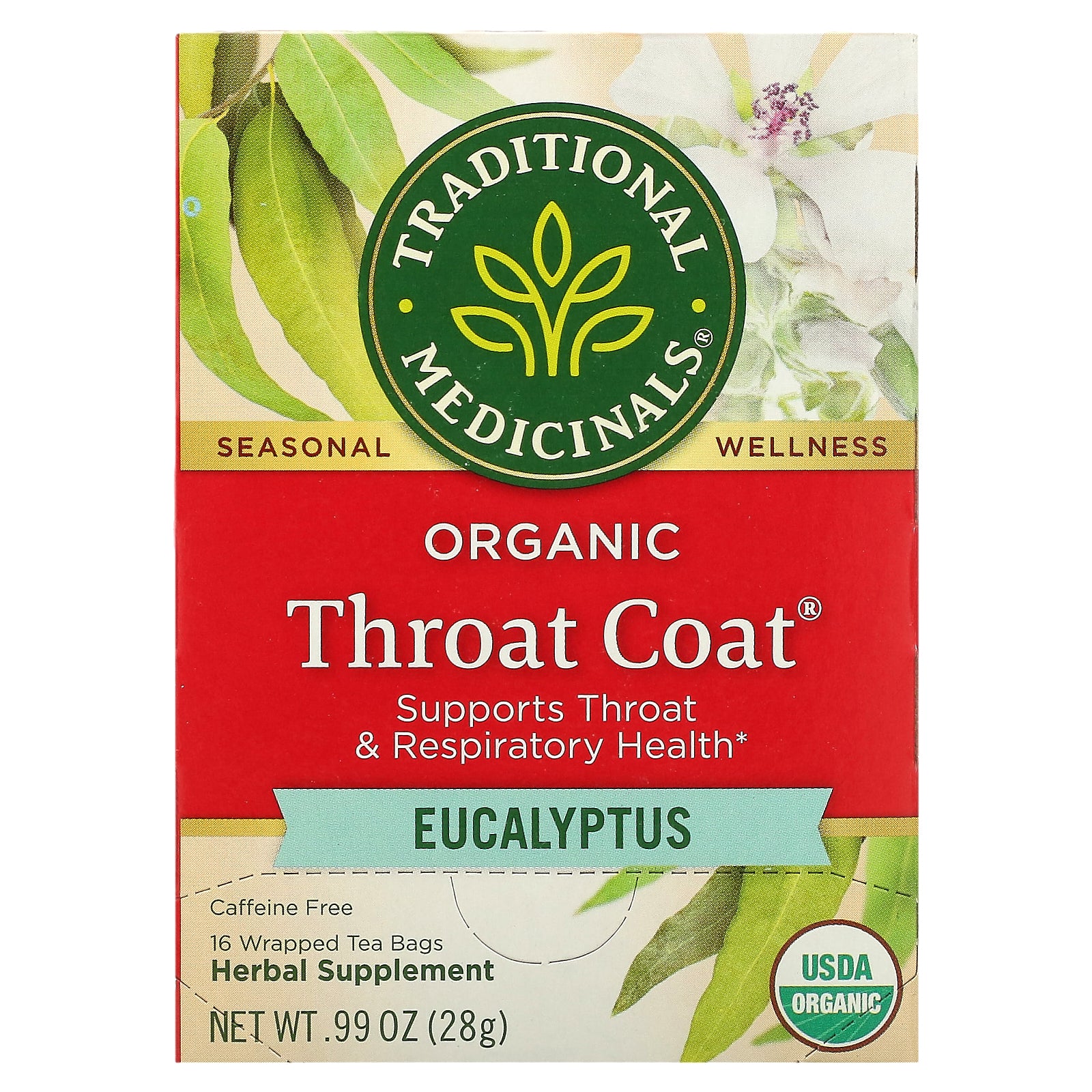Traditional Medicinals, Organic Throat Coat®, Eucalyptus, Caffeine Free, 16 Wrapped Tea Bags, 0.99 oz (28 g)