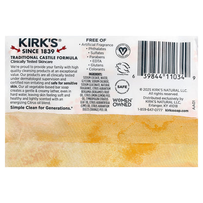 Kirk's, 100% Premium Coconut Oil Castile Bar Soap, Citrus Twist, 3 Bars, 4 oz (113 g) Each