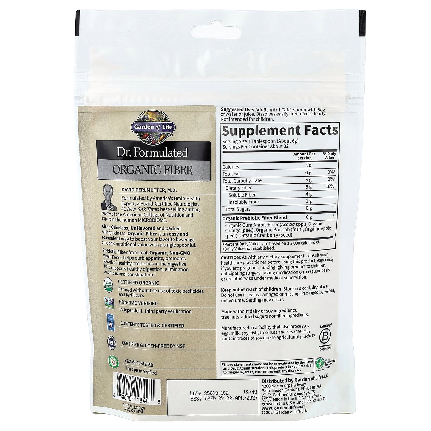 Garden of Life, Dr. Formulated, Organic Fiber, Unflavored, 6.8 oz (192 g)