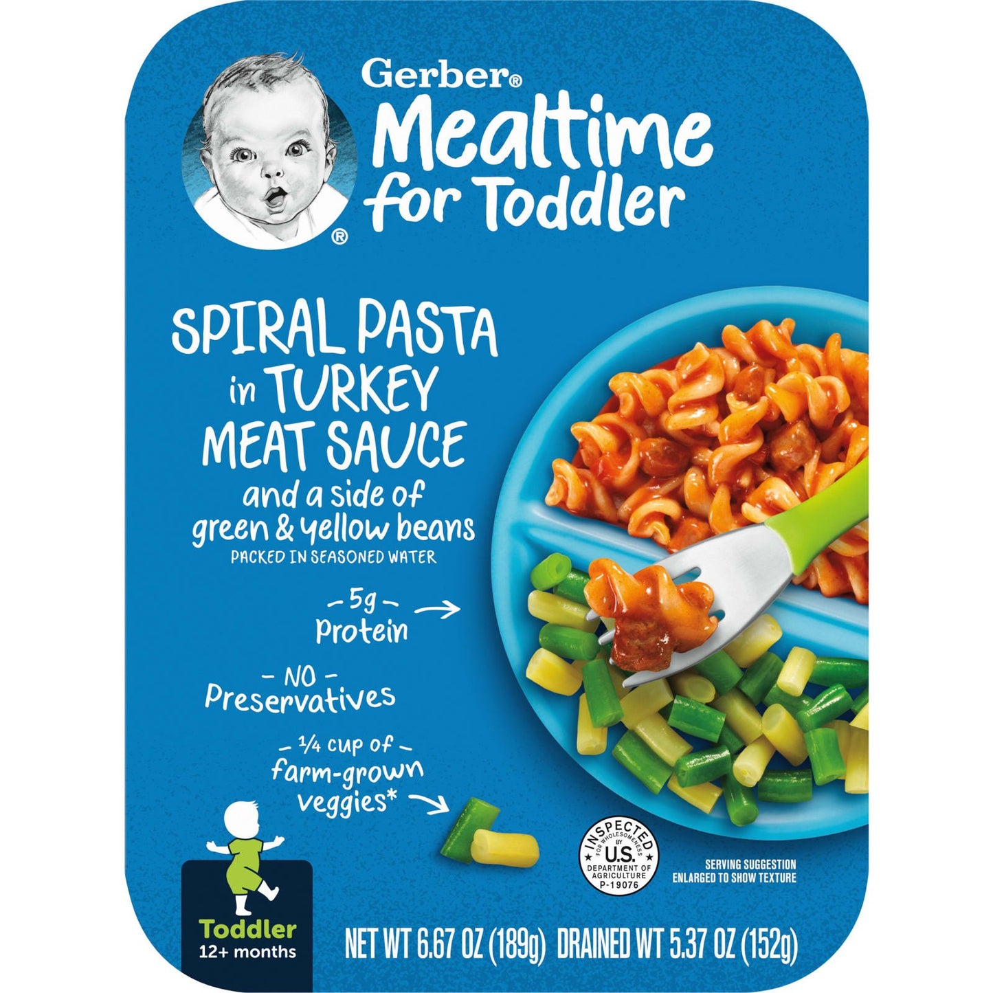 Gerber, Mealtime for Toddlers, 12+ Months, Spiral Pasta In Turkey Meat Sauce and a Side of Green & Yellow Beans, 6.67 oz (189 g)