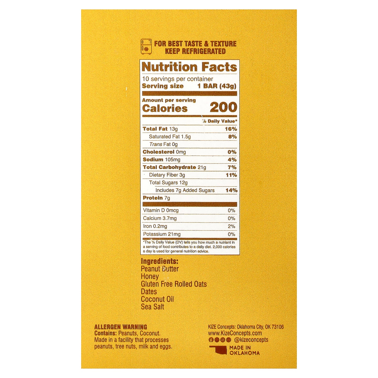 KiZE Life Changing Bar, Peanut Butter Honey, 10 Bars, 1.5 oz (43 g) Each