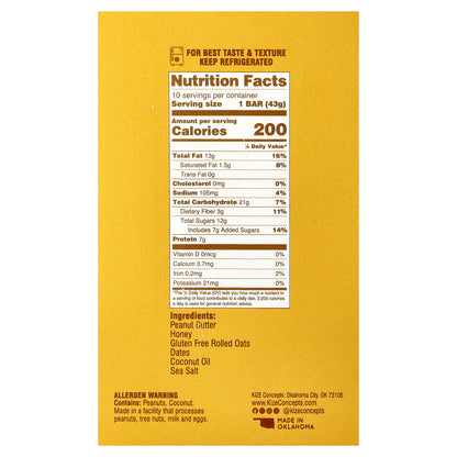 KiZE Life Changing Bar, Peanut Butter Honey, 10 Bars, 1.5 oz (43 g) Each