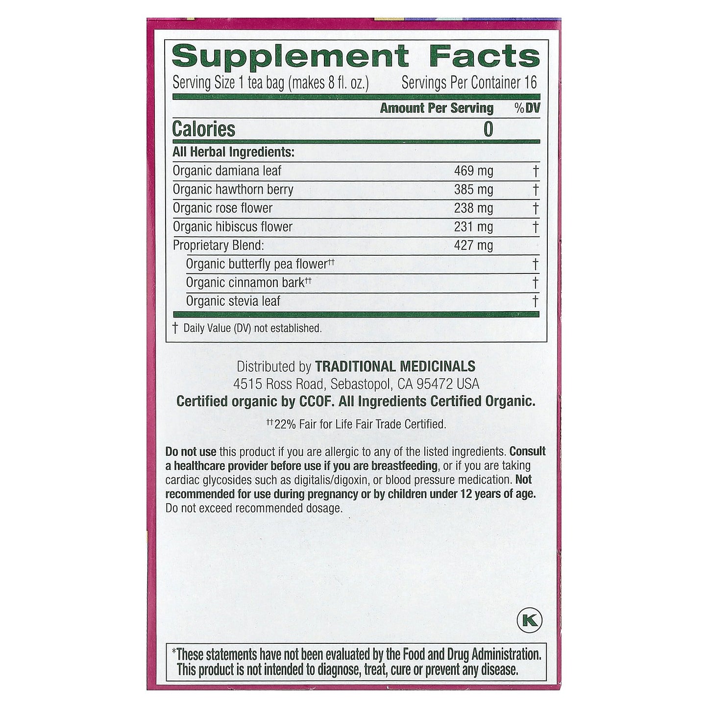 Traditional Medicinals, Organic Rosy Mood™, Damiana & Butterfly Pea Flower, Caffeine Free, 16 Wrapped Tea Bags, 0.99 oz (28 g)