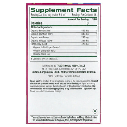 Traditional Medicinals, Organic Rosy Mood™, Damiana & Butterfly Pea Flower, Caffeine Free, 16 Wrapped Tea Bags, 0.99 oz (28 g)