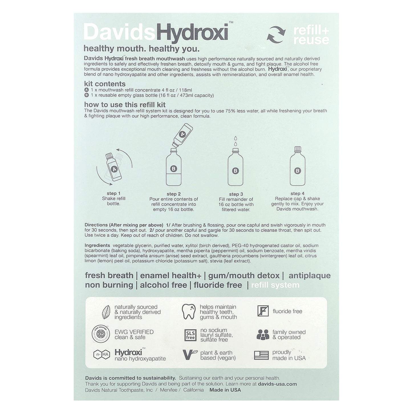 Davids, Fresh Breath Mouthwash Refill Kit, Alcohol Free, Natural Fresh Mint, 2 Piece Kit