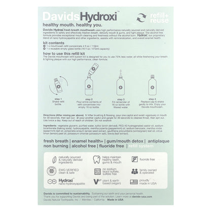 Davids, Fresh Breath Mouthwash Refill Kit, Alcohol Free, Natural Fresh Mint, 2 Piece Kit