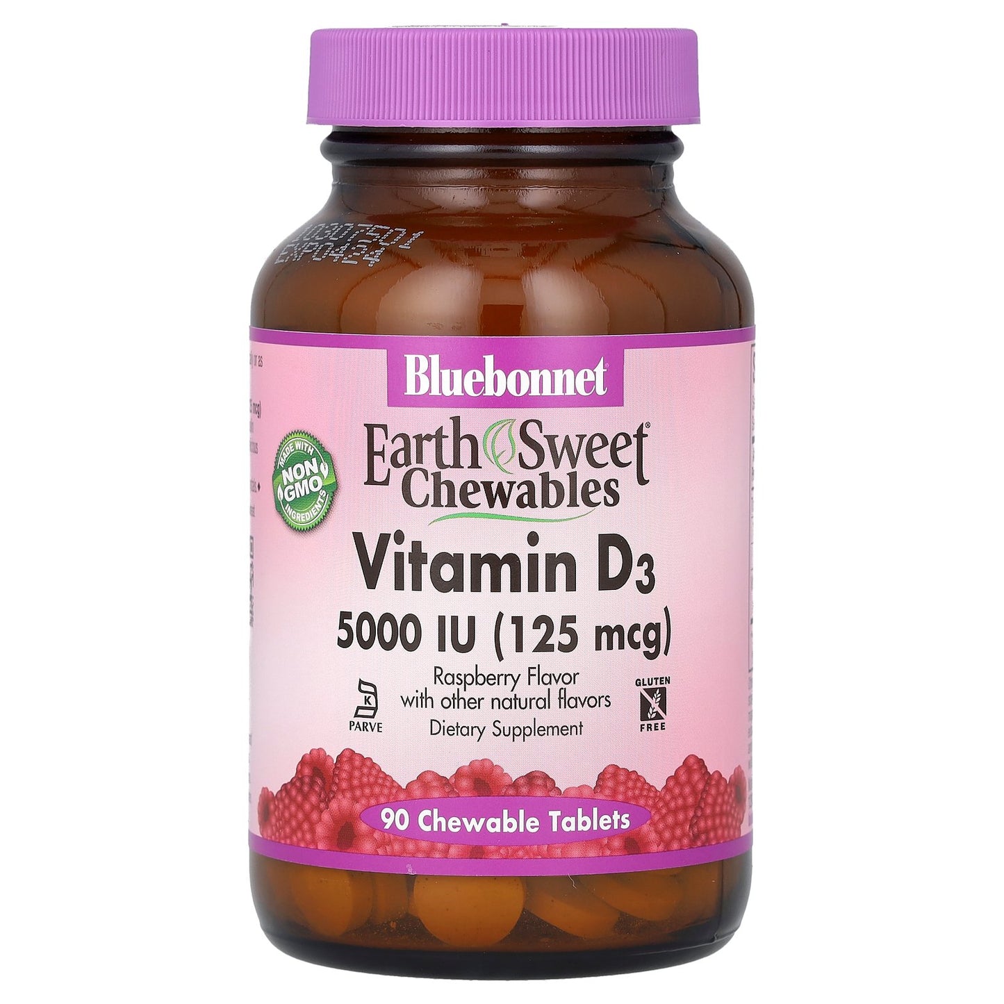 Bluebonnet Nutrition, Vitamin D3, Raspberry, 5,000 IU (125 mcg), 90 Chewable Tablets