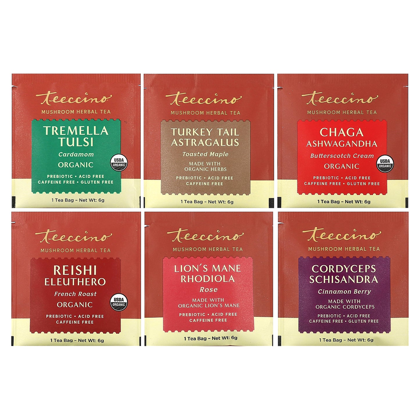 Teeccino, Mushroom Herbal Tea Sampler, 6 Flavors, Caffeine Free, 12 Tea Bags, 2.54 oz (72 g)