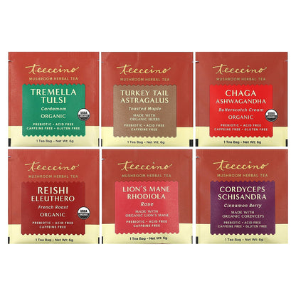 Teeccino, Mushroom Herbal Tea Sampler, 6 Flavors, Caffeine Free, 12 Tea Bags, 2.54 oz (72 g)