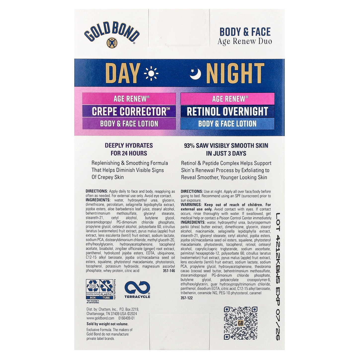 Gold Bond, Age Renew® Duo, Day & Night, Body & Face Lotion, 2 Bottles, 4.3 oz (121 g) Each