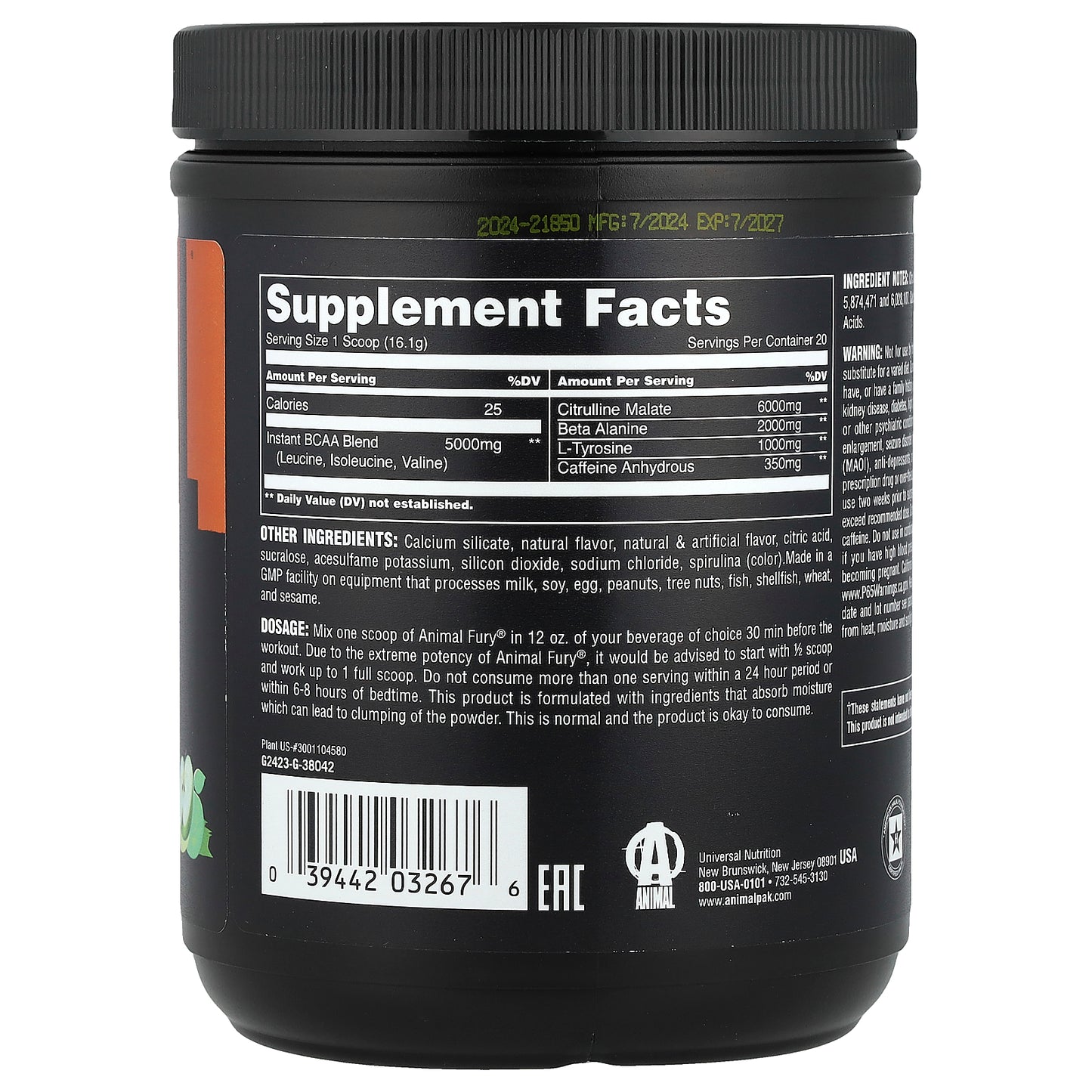 Animal, Fury® Essentials, Pre Workout, Green Apple, 11.3 oz (322 g)