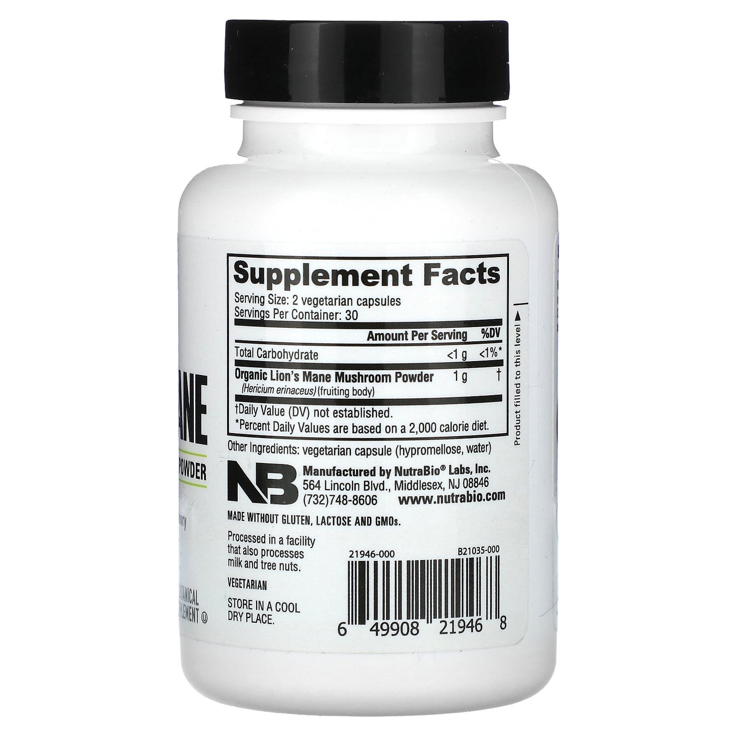 NutraBio, Organic Lions Mane, 60 Capsules (0.5 g per Capsule)