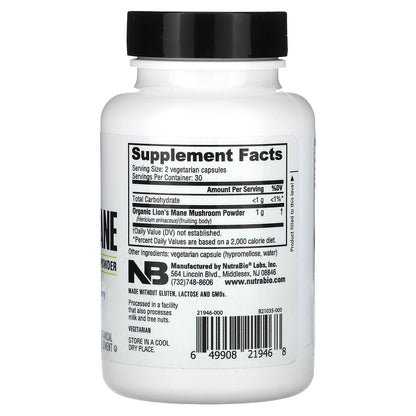 NutraBio, Organic Lions Mane, 60 Capsules (0.5 g per Capsule)