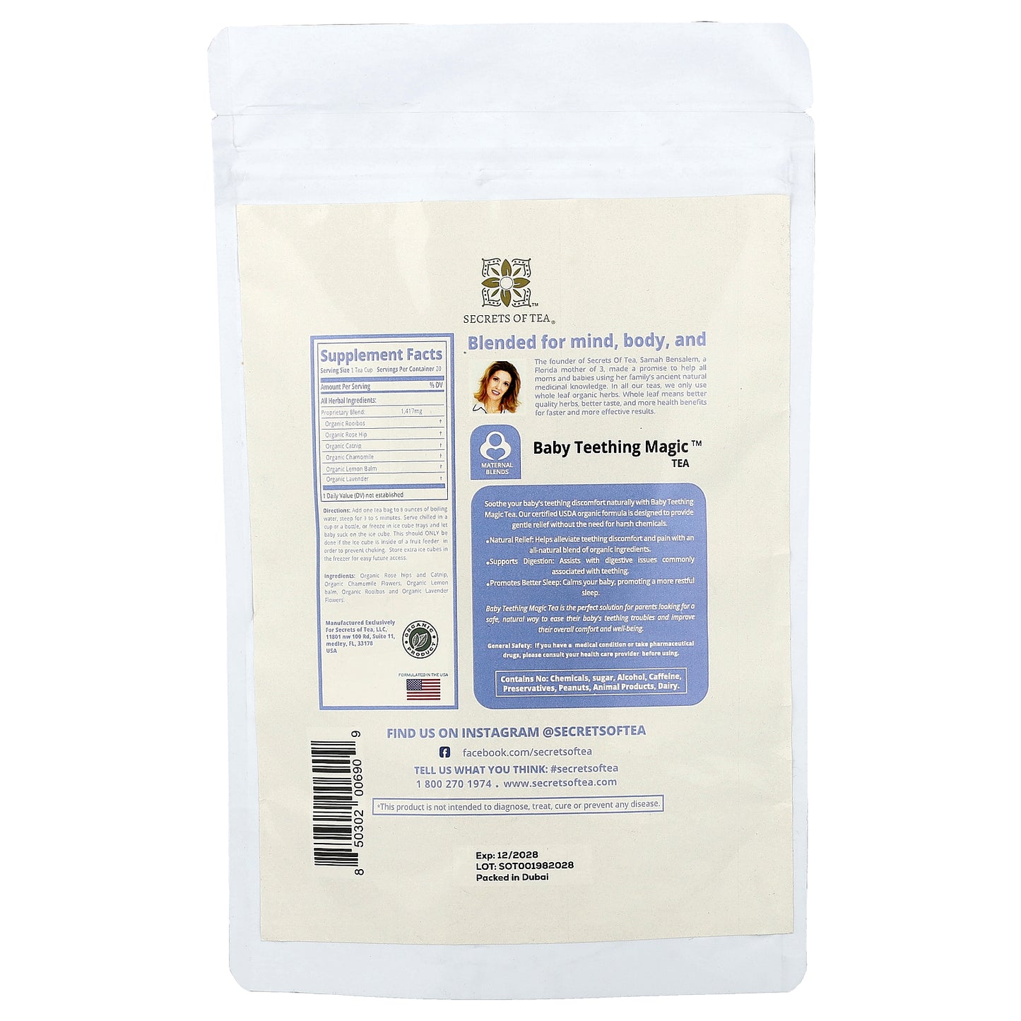 Secrets of Tea, Organic Baby Teething Magic™ Tea, Caffeine Free, 20 Unbleached Tea Bags, 1 oz (28 g)