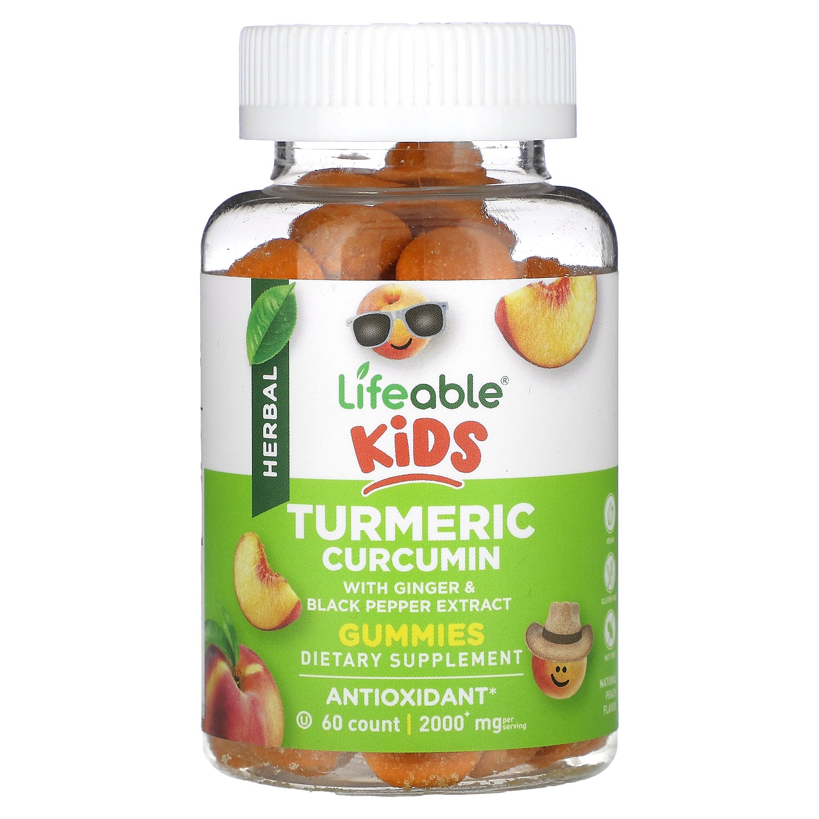 Lifeable, Kids Turmeric Curcumin Gummies, Natural Peach, 60 Gummies