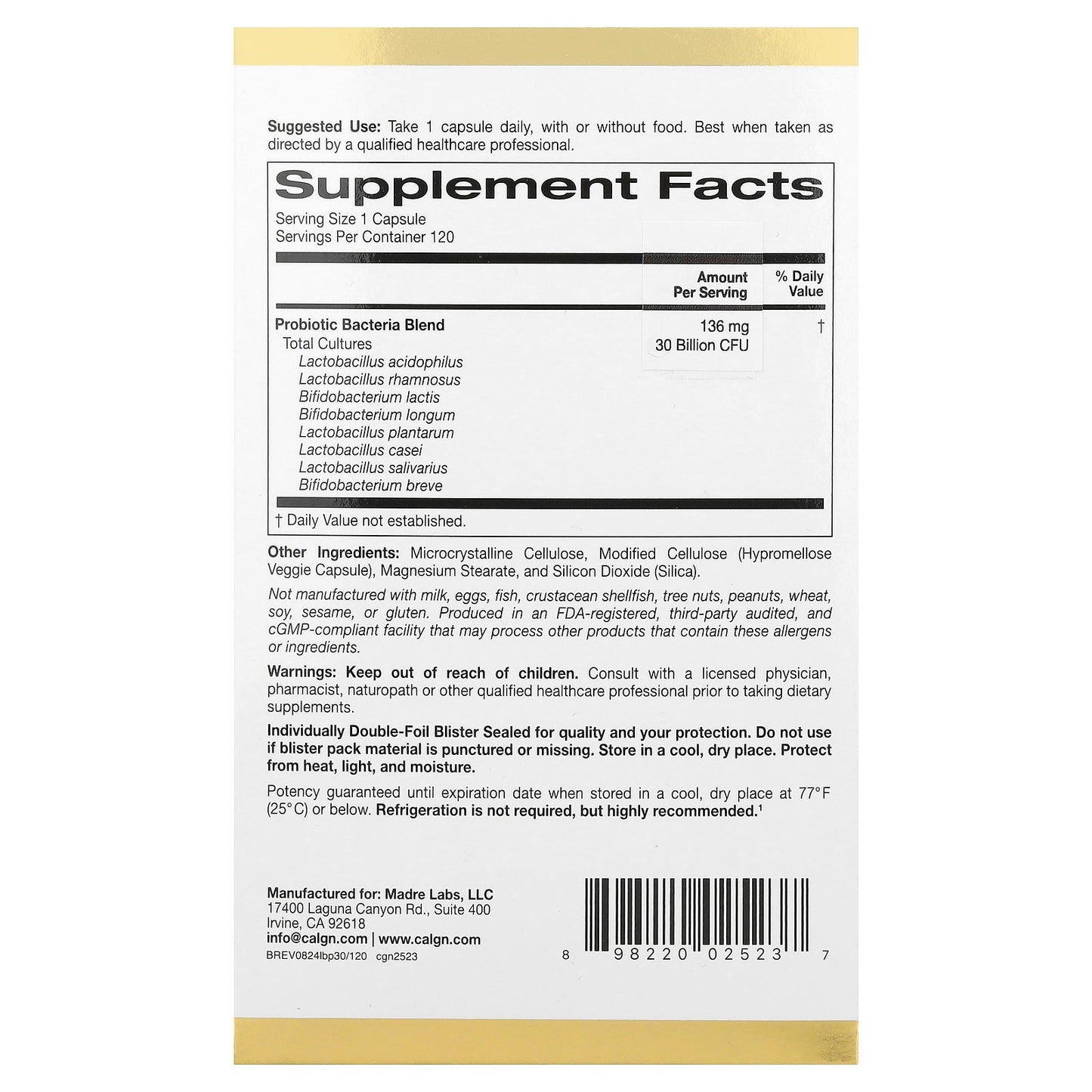 California Gold Nutrition, LactoBif® 30 Probiotics, 30 Billion CFU, 120 Veggie Capsules