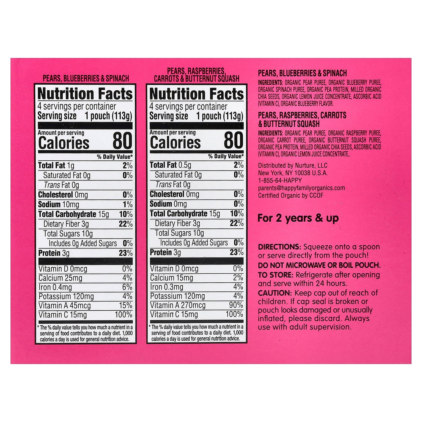 Happy Family Organics, Happy Tot®, Fiber & Protein, For 2+ Years, Variety Pack, 8 Pouches, 4 oz (113 g) Each