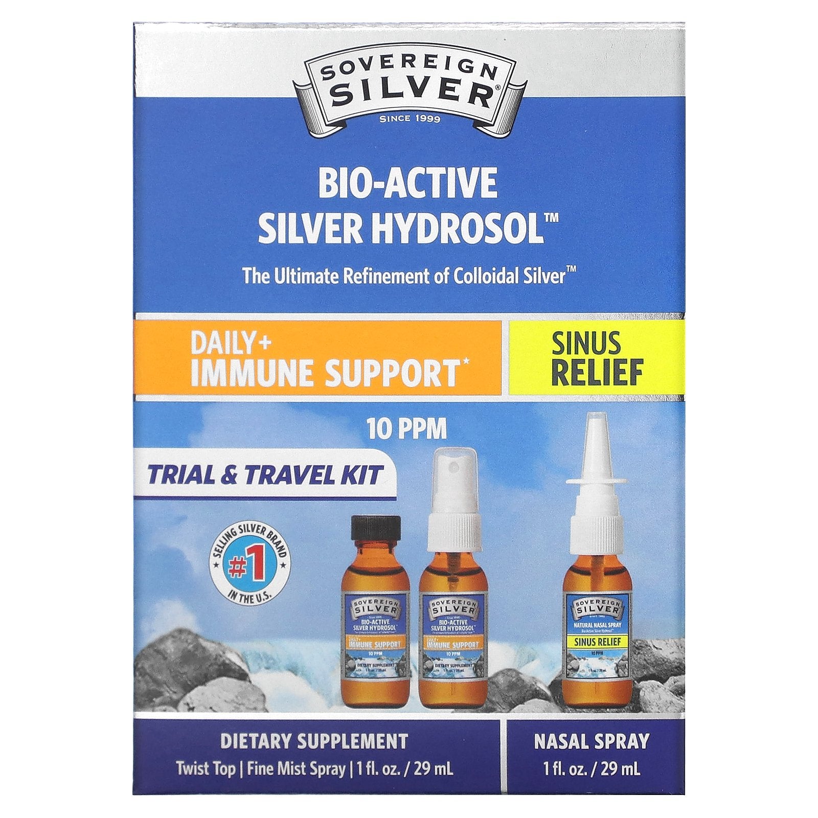 Sovereign Silver, Bio-Active Silver Hydrosol, Daily + Immune Support, Sinus Relief, Trial & Travel Kit, 10 PPM, 3 Piece Kit, 1 fl oz (29 ml) Each