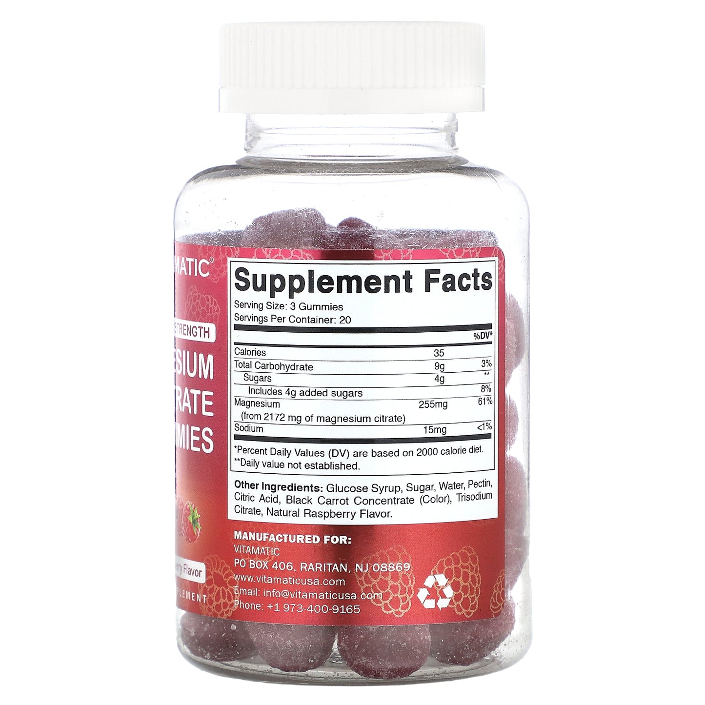 Vitamatic, Magnesium Citrate Gummies, Natural Raspberry, 60 Gummies