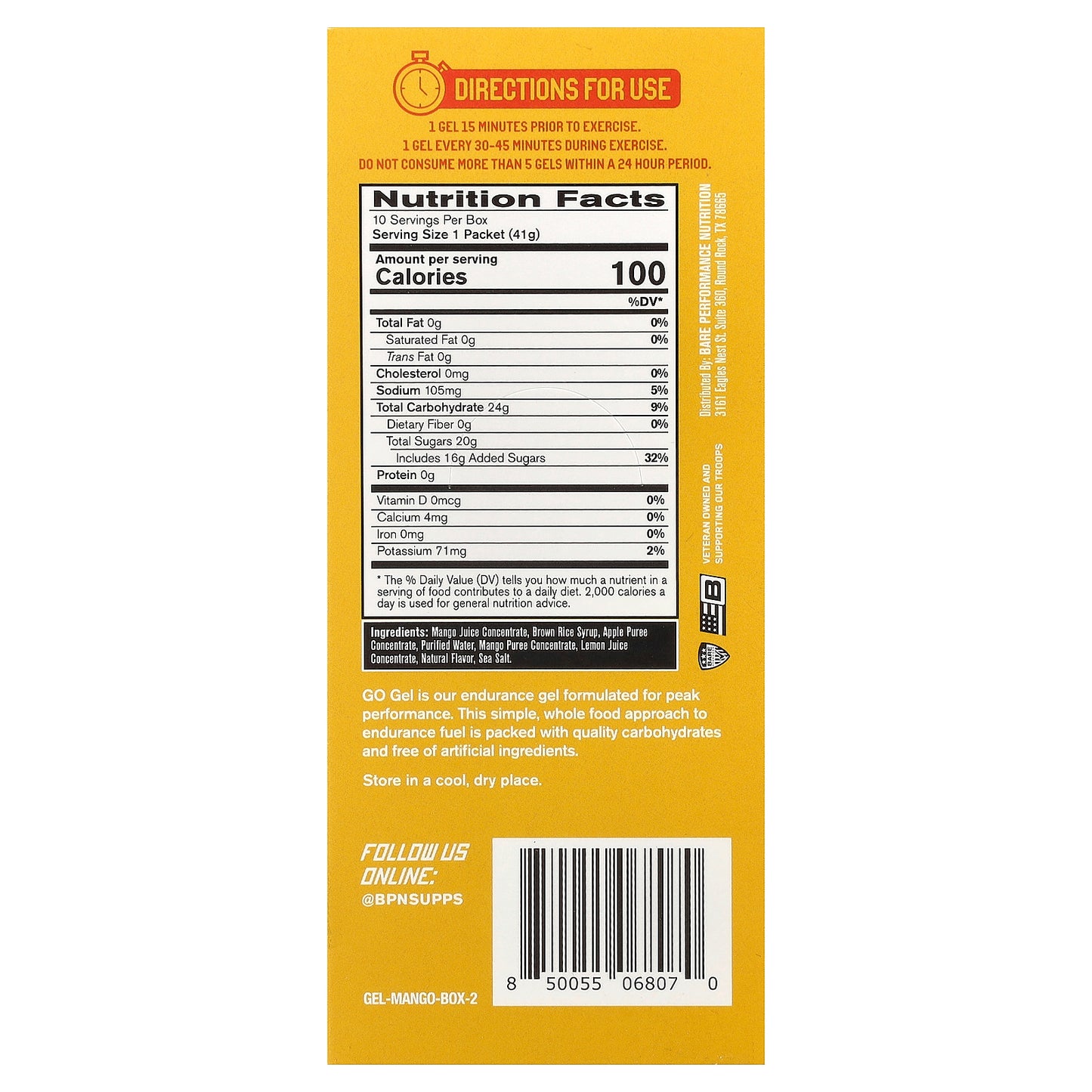 BPN, Go Gel, Endurance Gel, Mango, 10 Packets, 1.45 oz (41 g) Each