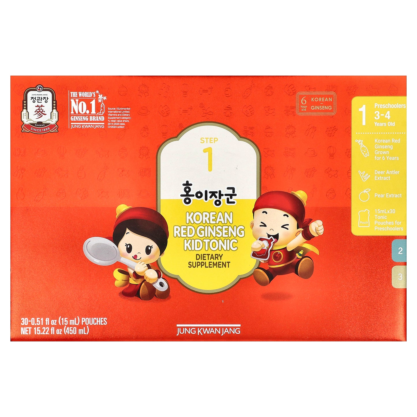 JungKwanJang, Korean Red Ginseng Kid Tonic, Step 1, 3-4 Years Old, 30 Pouches, 0.51 fl oz (15 ml)
