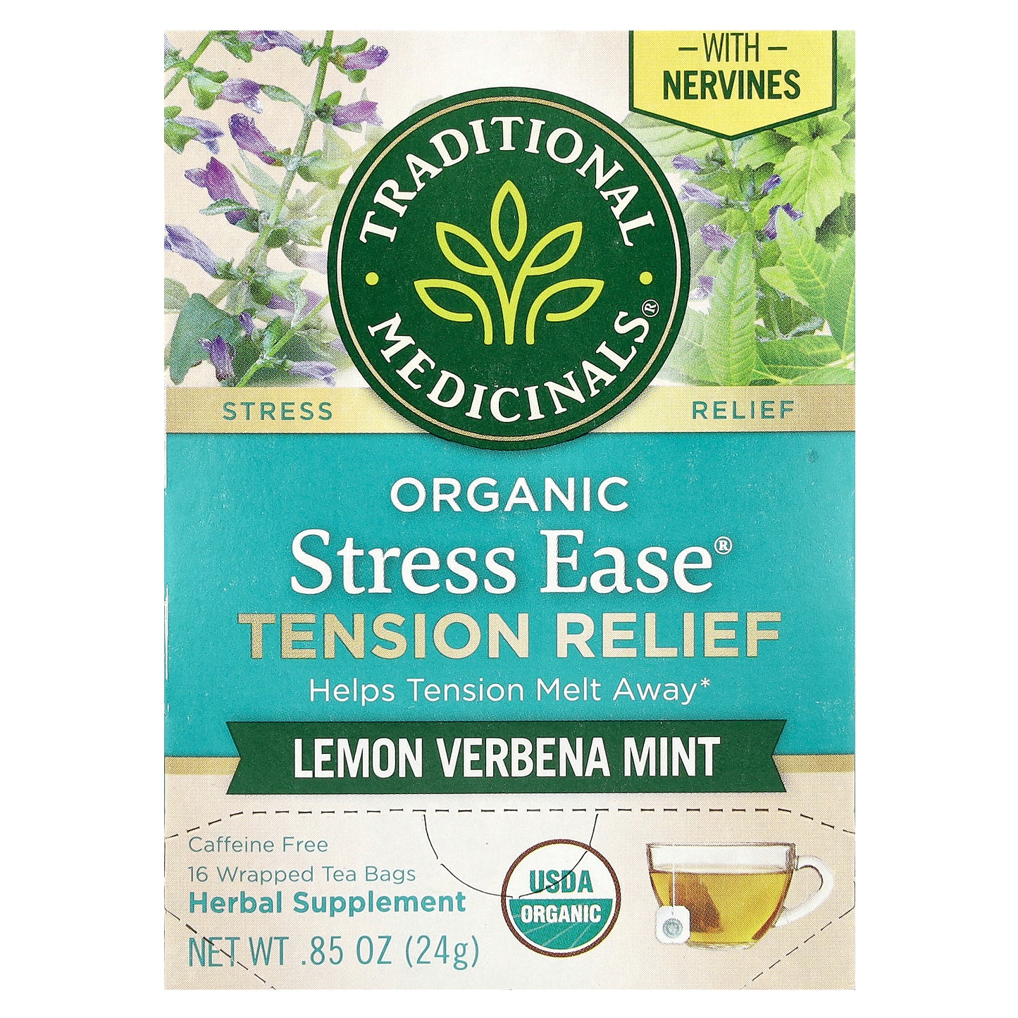 Traditional Medicinals, Organic Stress Ease® Tension Relief, Lemon Verbena Mint, Caffeine Free, 16 Wrapped Tea Bags, 0.85 oz (24 g)