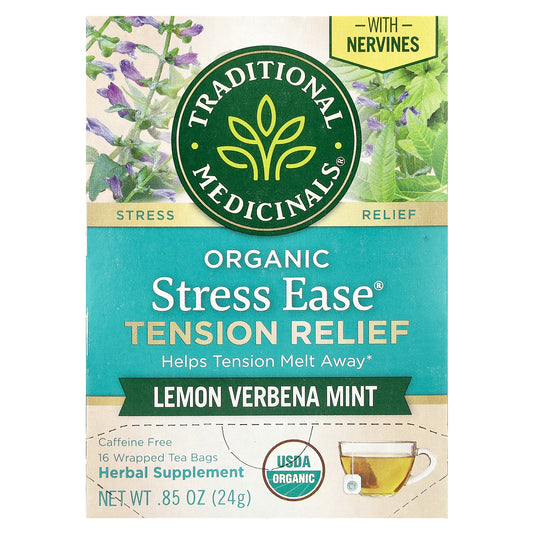 Traditional Medicinals, Organic Stress Ease® Tension Relief, Lemon Verbena Mint, Caffeine Free, 16 Wrapped Tea Bags, 0.85 oz (24 g)