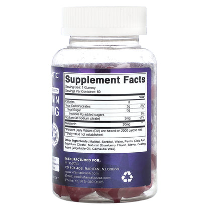 Vitamatic, Melatonin Gummies, Natural Strawberry, 30 mg, 60 Gummies