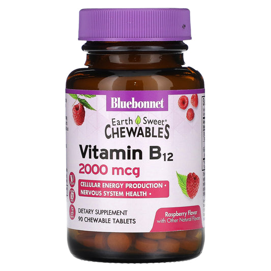 Bluebonnet Nutrition, EarthSweet Chewables, Vitamin B12, Raspberry , 2,000 mcg, 90 Chewable Tablets