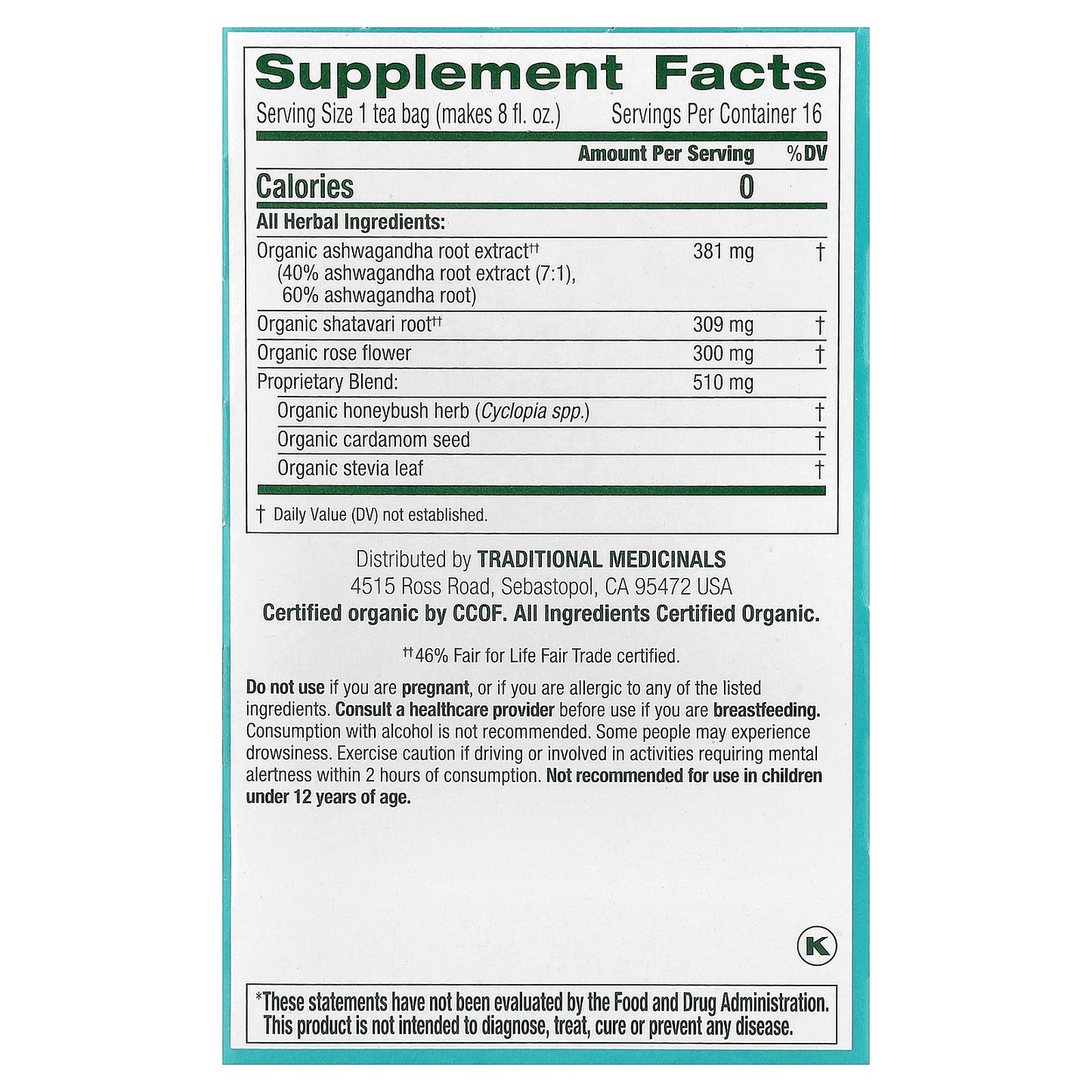 Traditional Medicinals, Organic Stress Ease® Calm, Ashwagandha & Honeybush, Caffeine Free, 16 Wrapped Tea Bags, 0.85 oz (24 g)