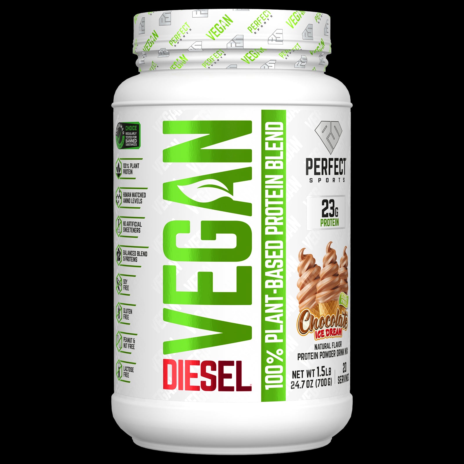 PERFECT Sports, Vegan Diesel, 100% Plant-Based Protein Blend, Chocolate Ice Cream, 1.5 lb  (700 g)