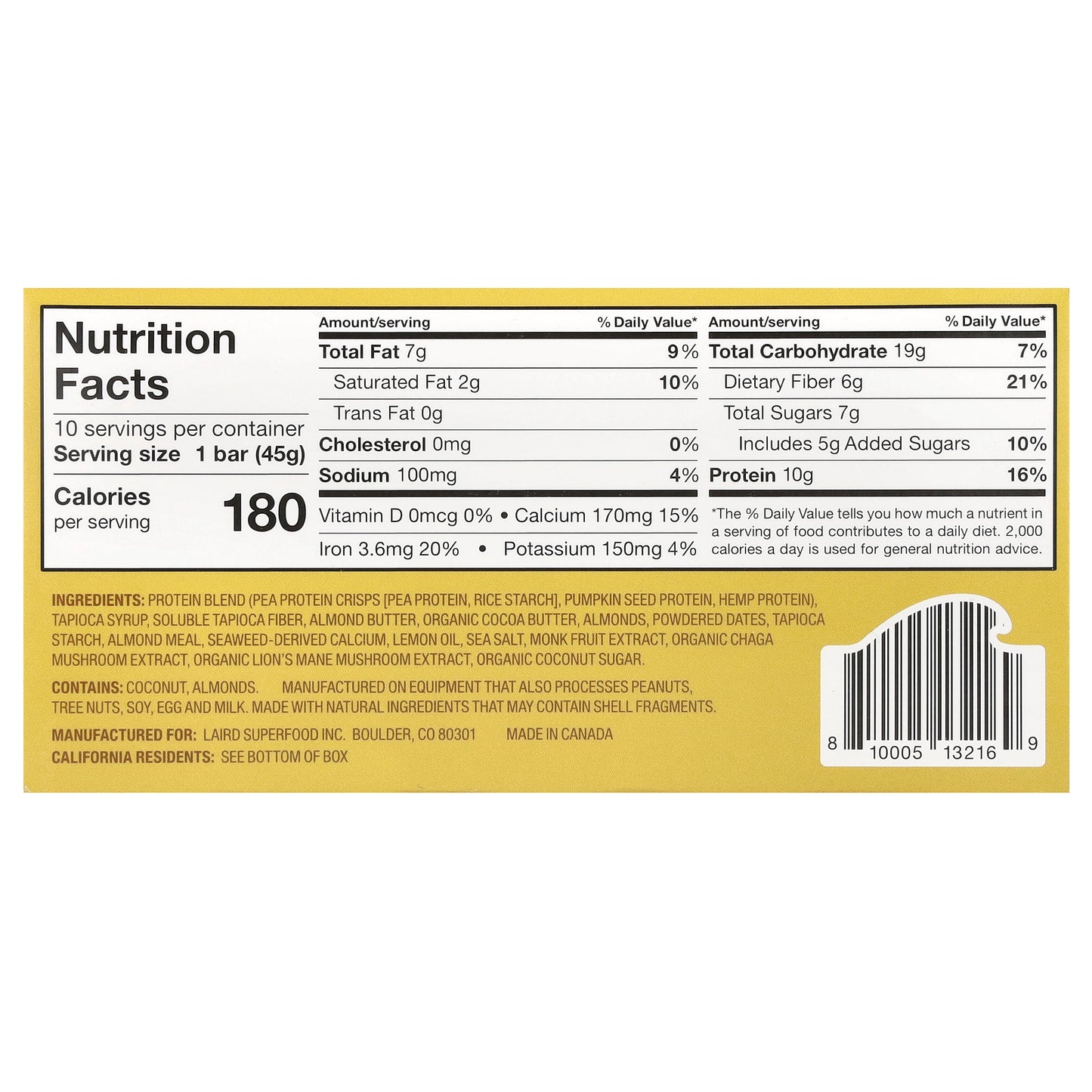 Laird Superfood, Protein Bar + Adaptogens, Lemon Almond, 10 Packs, 1.6 oz (45 g) Each