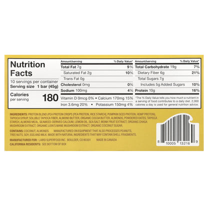 Laird Superfood, Protein Bar + Adaptogens, Lemon Almond, 10 Packs, 1.6 oz (45 g) Each