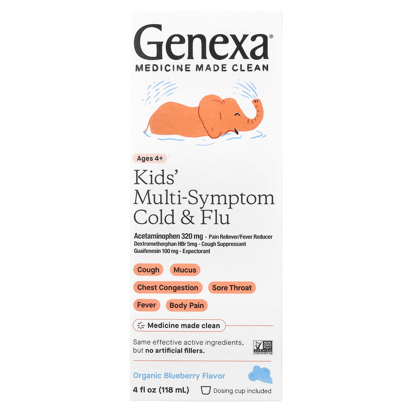 Genexa, Kids' Multi-Symptom Cold & Flu, Ages 4+, Organic Blueberry, 4 fl oz (118 ml)