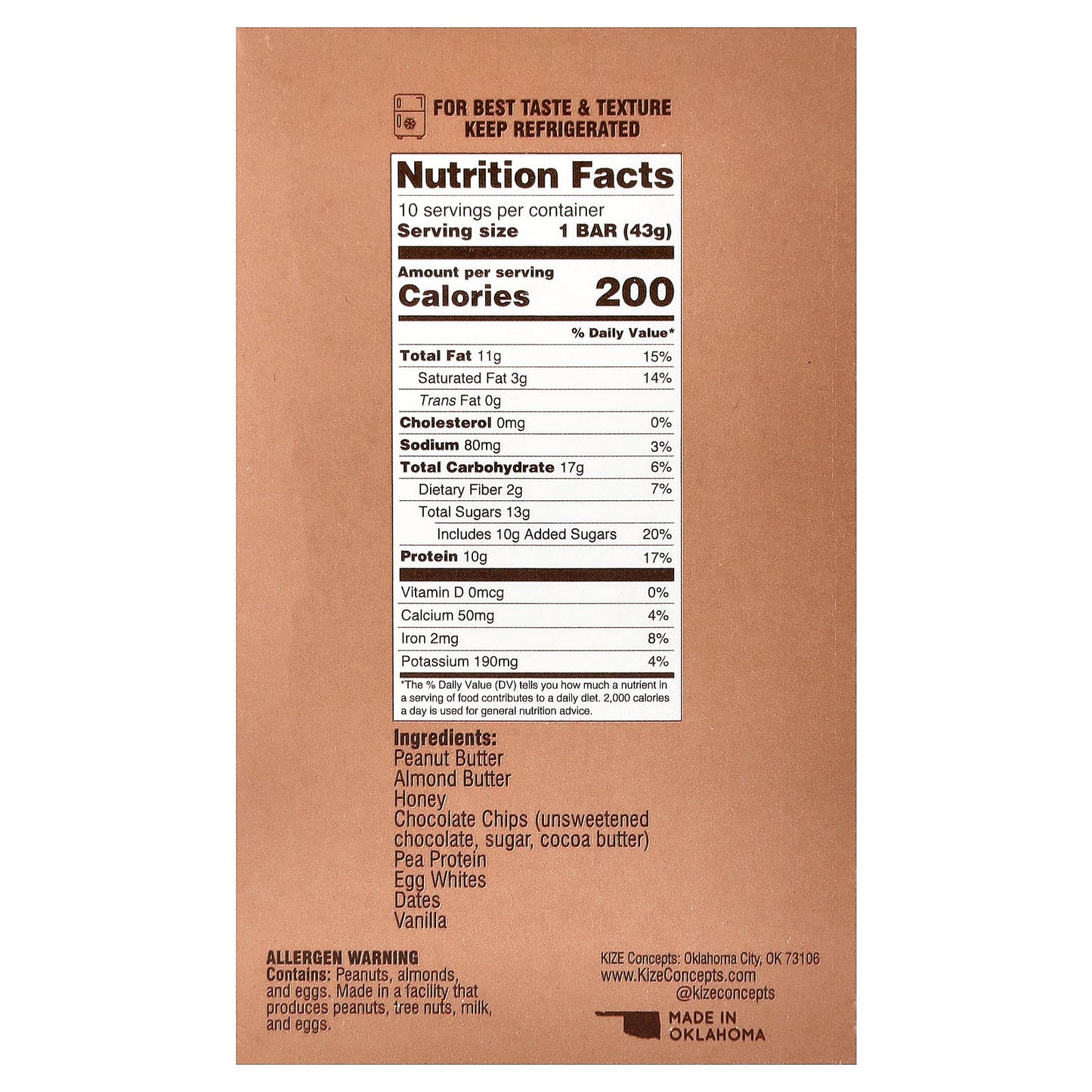 KiZE Life Changing Bar, Cookie Dough, 10 Bars, 1.5 oz (43 g) Each