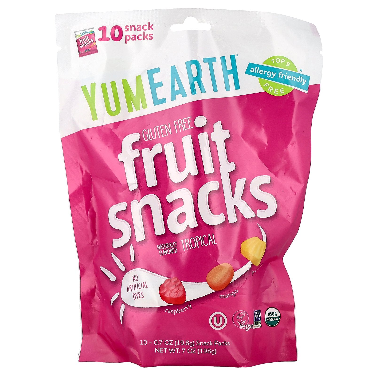 YumEarth, Gluten Free Fruit Snacks, Tropical, 10 Snack Packs, 0.7 oz (19.8 g) Each