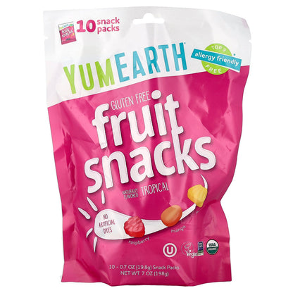 YumEarth, Gluten Free Fruit Snacks, Tropical, 10 Snack Packs, 0.7 oz (19.8 g) Each
