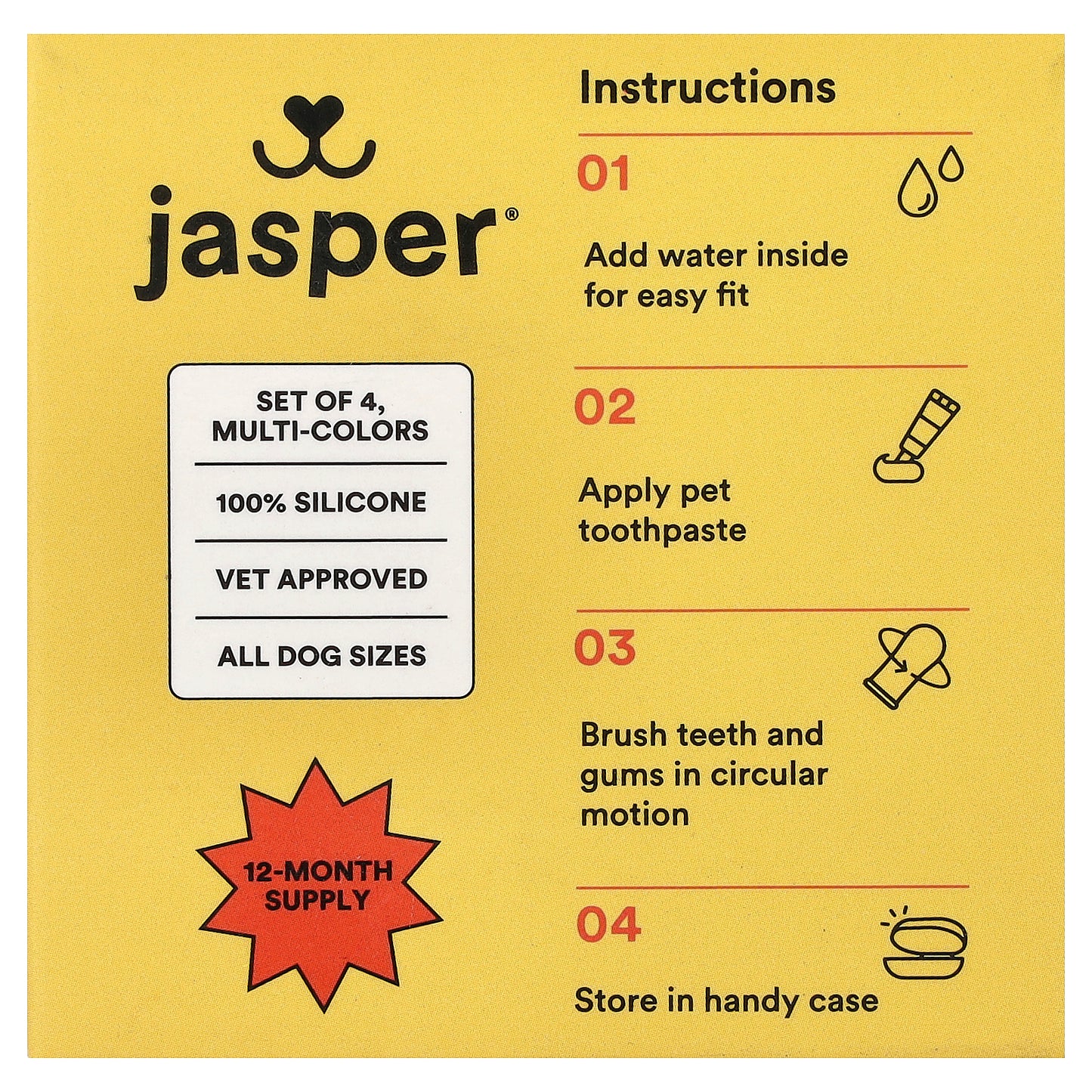 Jasper, 360°  Finger Toothbrush, Multi-Colors, 4 Toothbrushes