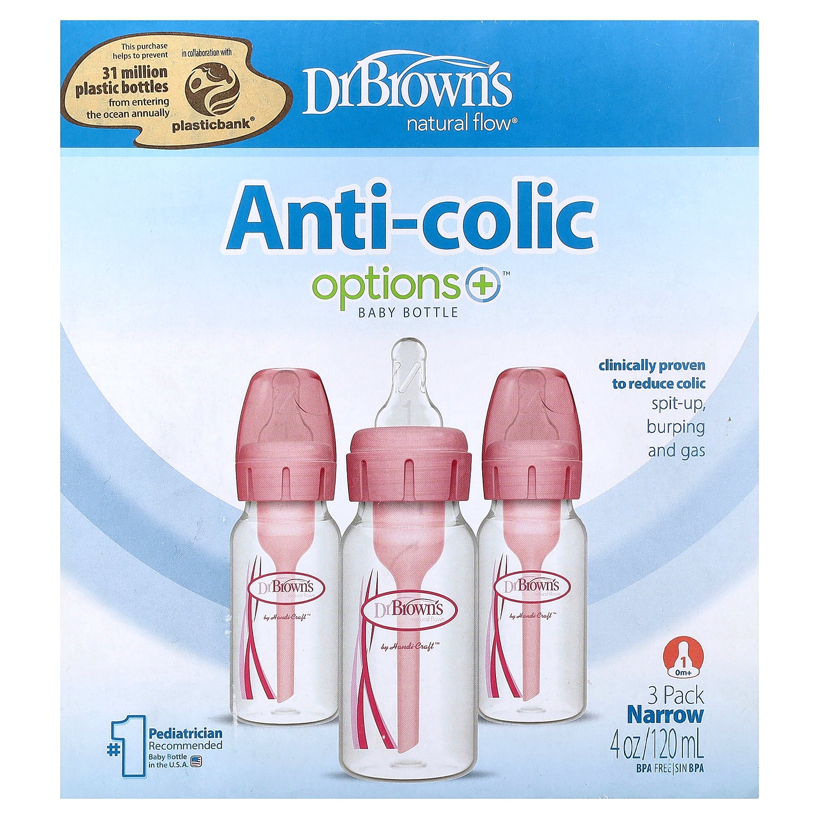 Dr. Brown's, Natural Flow®, Anti-colic Options+™ Baby Bottle, 0 Months +, 3 Pack, 4 oz (120 ml) Each