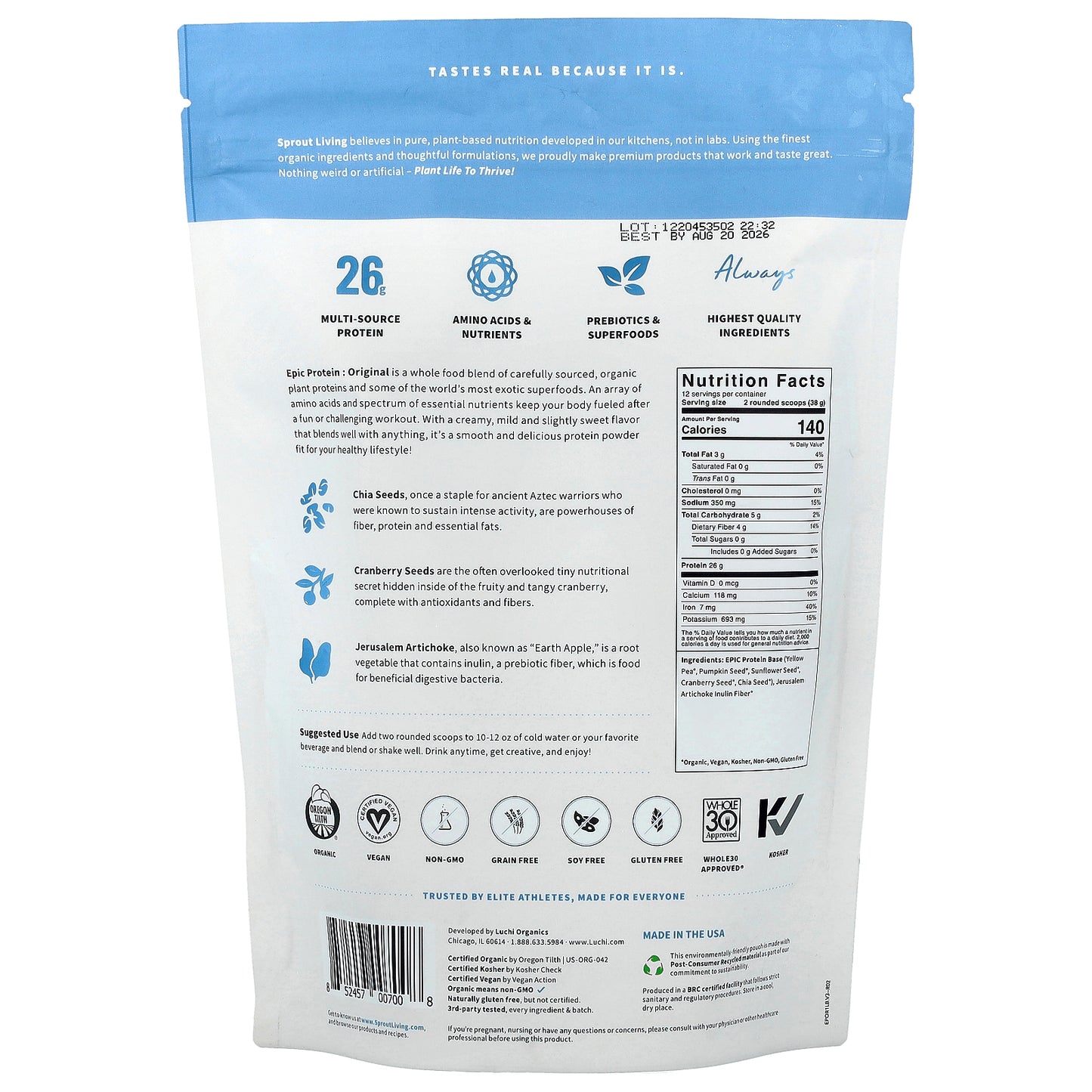 Sprout Living, Epic Protein®, Organic Plant Protein + Superfoods, Original, 1 lb (456 g)