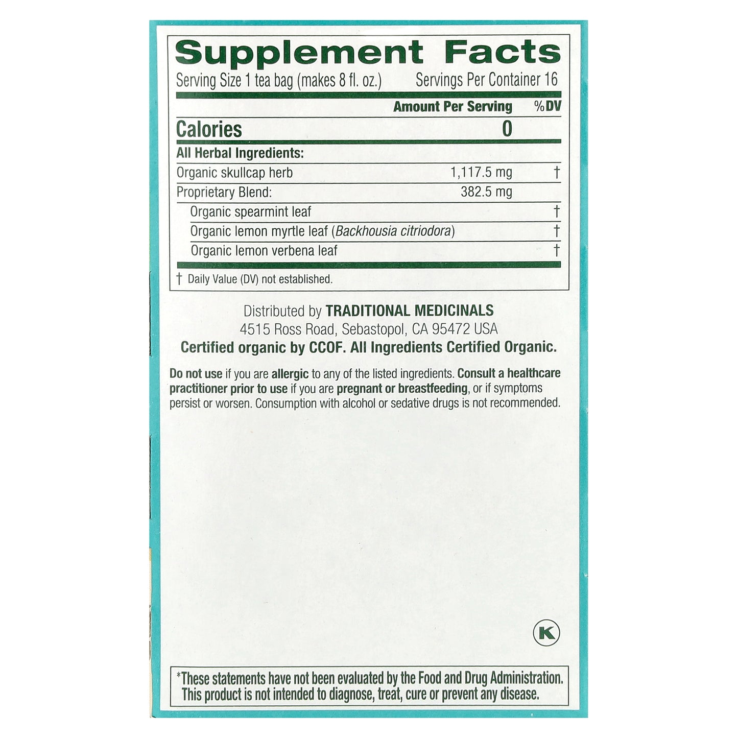 Traditional Medicinals, Organic Stress Ease® Tension Relief, Lemon Verbena Mint, Caffeine Free, 16 Wrapped Tea Bags, 0.85 oz (24 g)