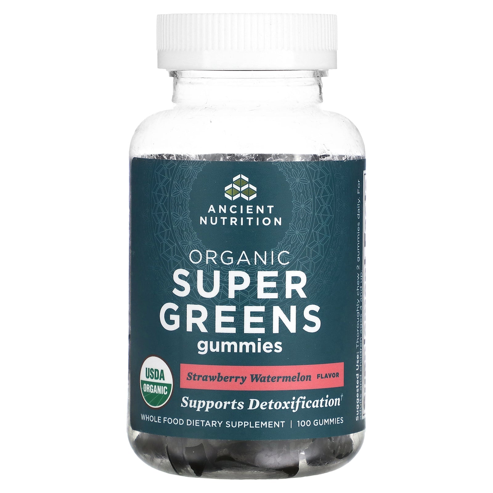 Ancient Nutrition, Organic Super Greens Gummies, Strawberry Watermelon, 100 Gummies