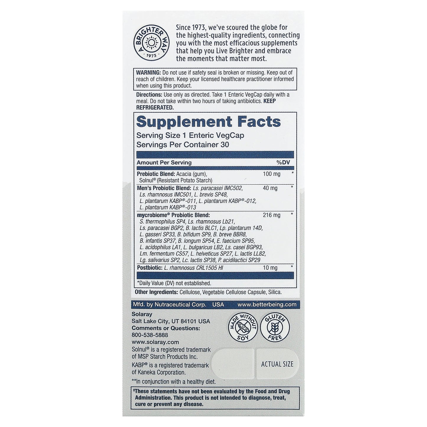 Solaray, Mycrobiome®, Complete Probiotic, Men's, 30 VegCaps