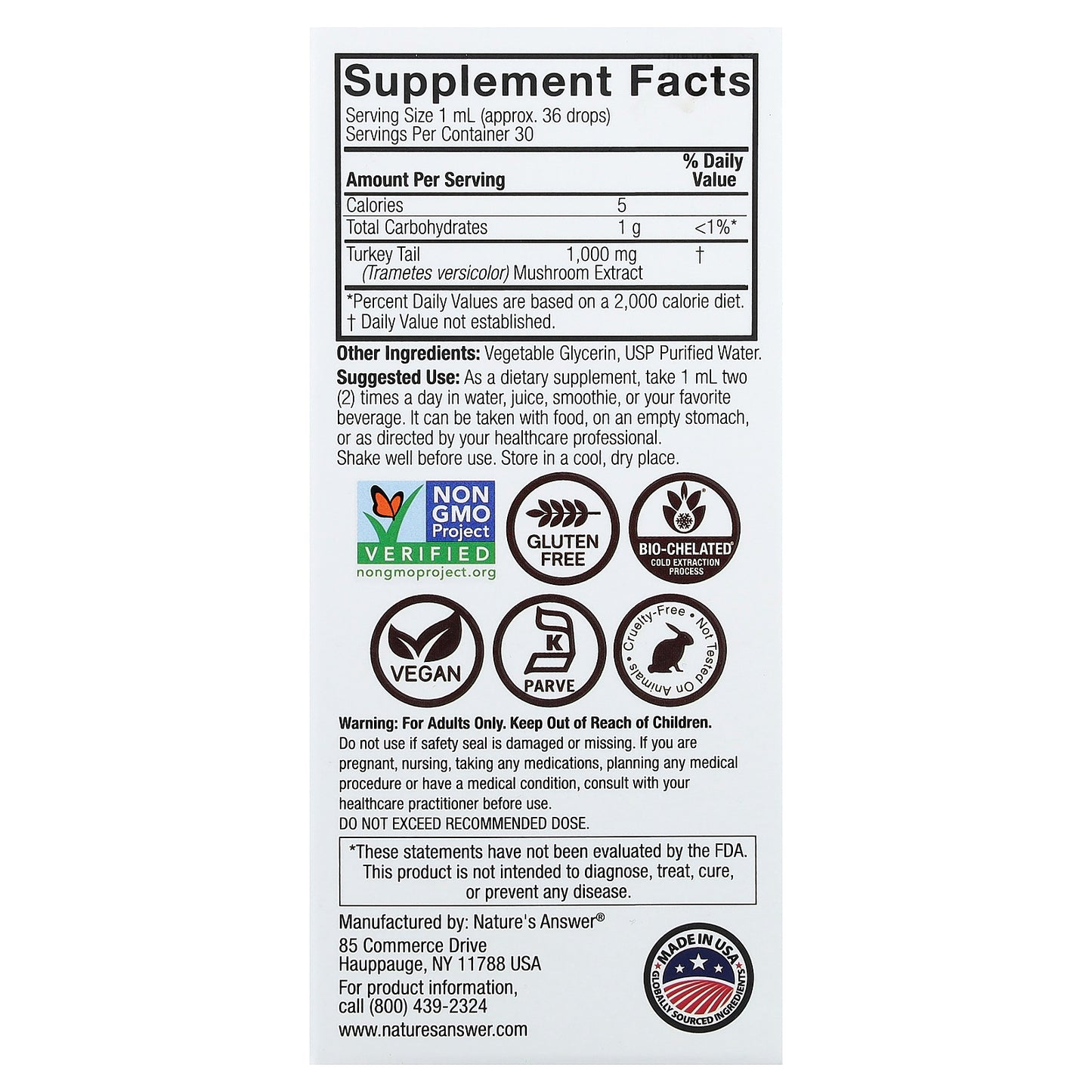 Nature's Answer, Turkey Tail, Mushroom Extract, Alcohol Free, 1 fl oz (30 ml)