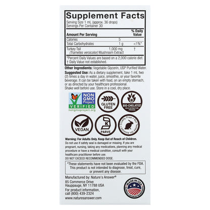 Nature's Answer, Turkey Tail, Mushroom Extract, Alcohol Free, 1 fl oz (30 ml)