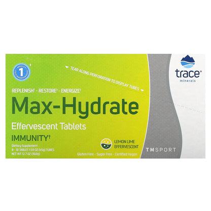 Trace, TM Sport, Max-Hydrate Immunity Effervescent Tablets, Lemon Lime, 8 Tubes, 10 Tablets Each