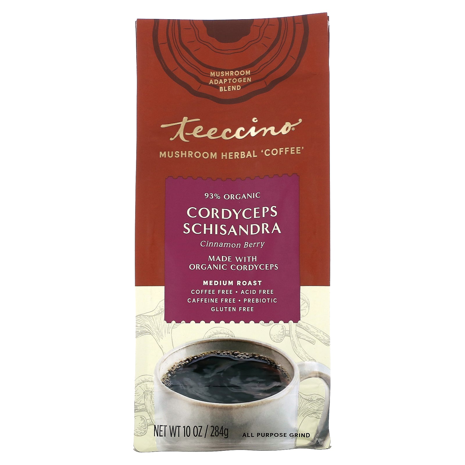 Teeccino, Mushroom Herbal Coffee, Cordyceps Schisandra, Cinnamon Berry, Medium Roast, Caffeine Free, 10 oz (284 g)