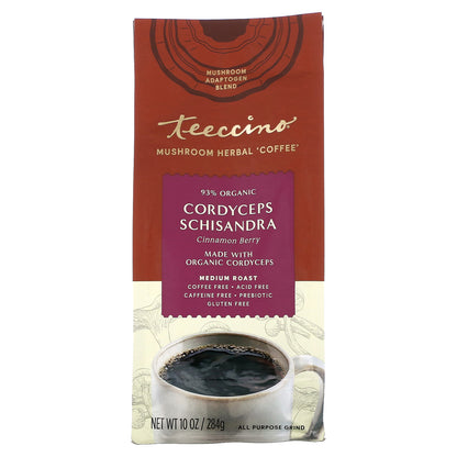 Teeccino, Mushroom Herbal Coffee, Cordyceps Schisandra, Cinnamon Berry, Medium Roast, Caffeine Free, 10 oz (284 g)